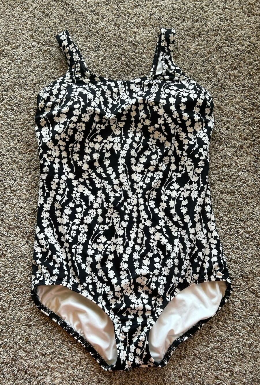 Lands End 14 MAST Mastectomy Tugless One Piece Swimsuit Black White Floral H26